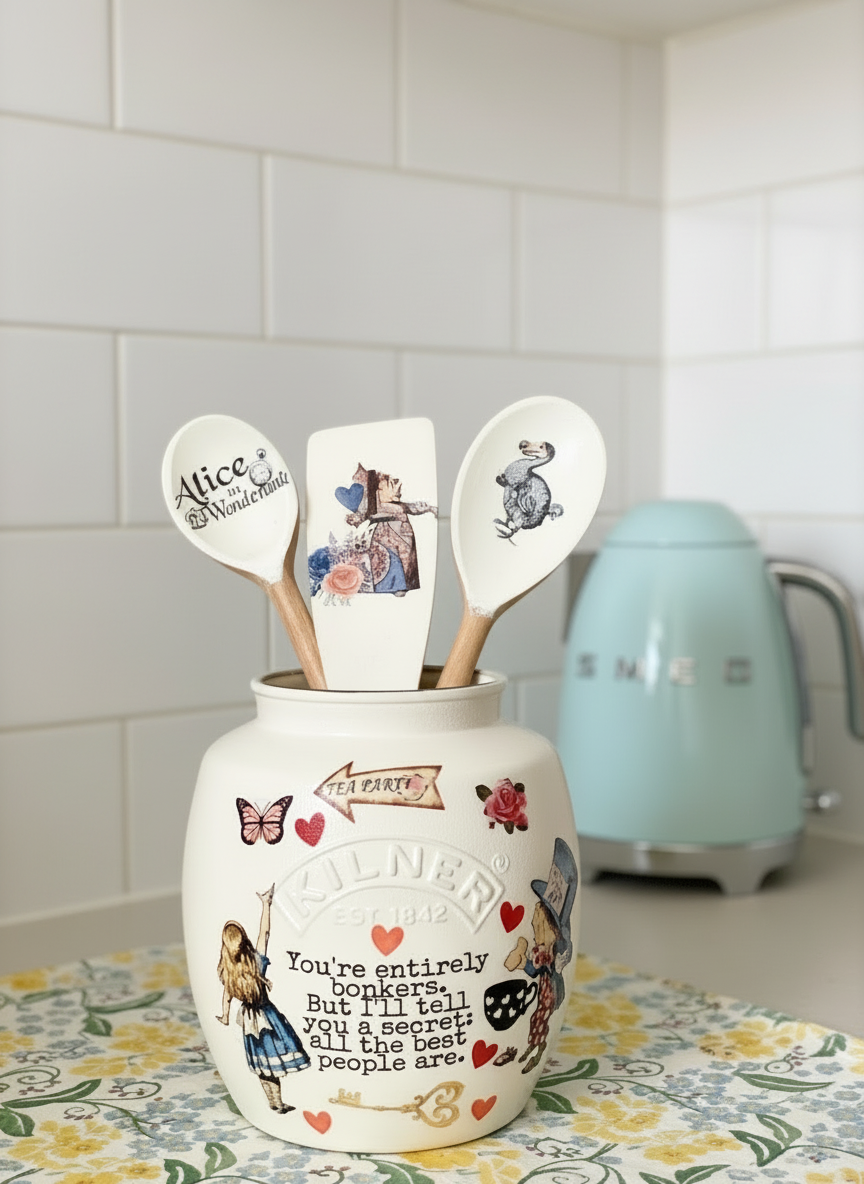Alice in wonderland mad hatters tea party bonkers utensils jar