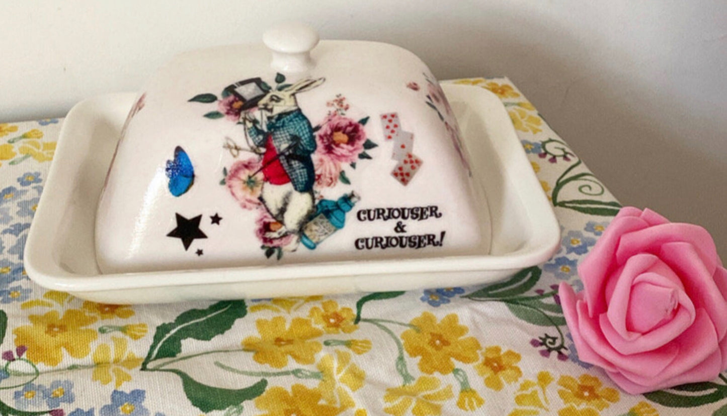 Alice in wonderland white rabbit curiouser and curiouser butter dish