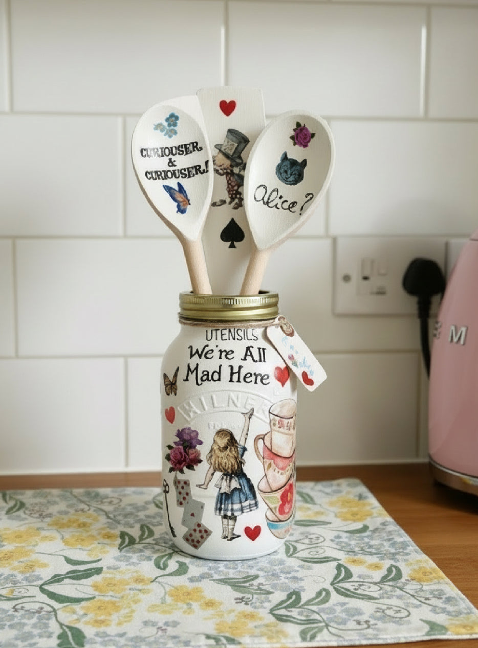 Alice in wonderland hearts mad hatters tea party kilner utensils jar