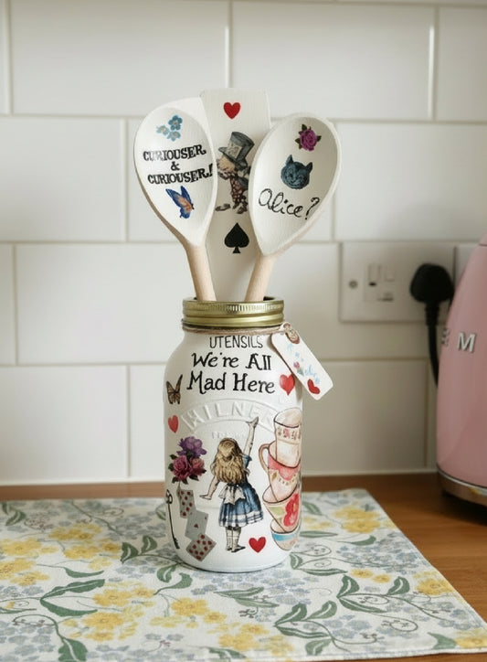 Alice in wonderland hearts mad hatters tea party kilner utensils jar