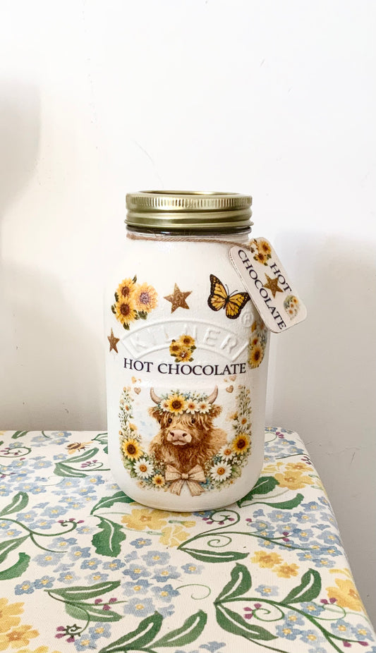 Highland cow vintage inspired floral sunflower and daisy hot chocolate kilner jar