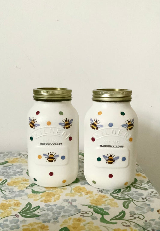 Emma Bridgewater inspired Polka dot bee kilner Hot chocolate and marshmallows jar set