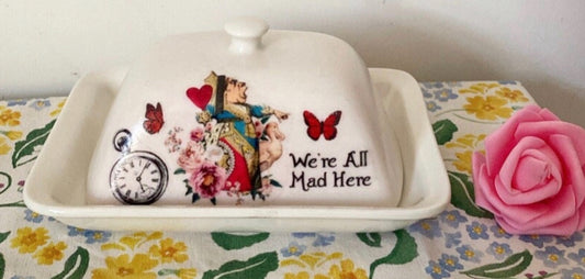 Alice in wonderland queen of hearts we’re all mad here butter dish