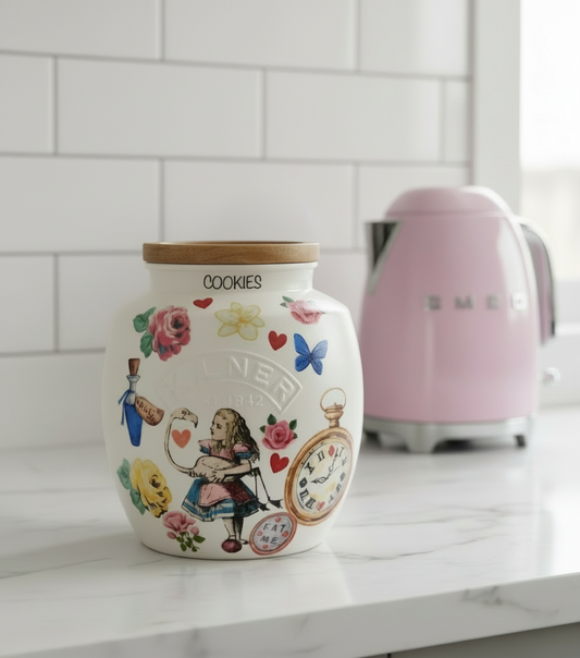 Alice in wonderland and the flamingo mad hatters tea party kilner cookie jar
