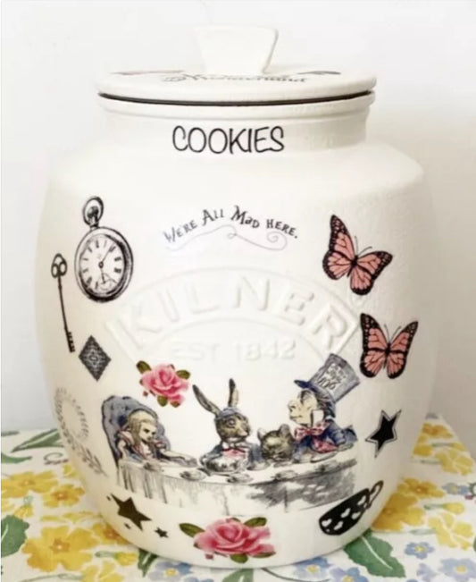 Alice in wonderland hearts mad hatters tea party kilner cookie jar