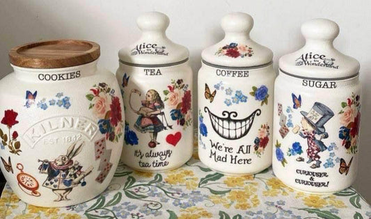 Alice In Wonderland Mad Hatters Tea Coffee Sugar Kilner Canisters Jars and matching cookie jar set