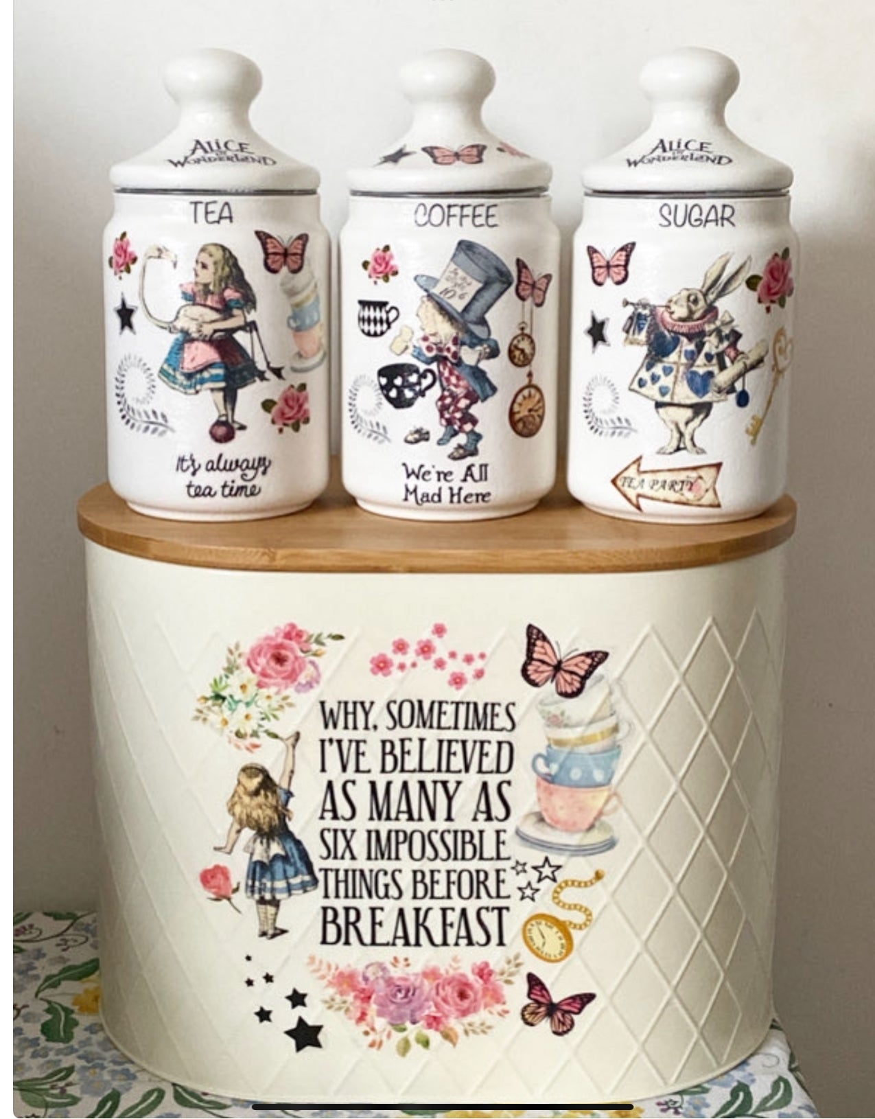 Alice In Wonderland Mad Hatters Tea party Coffee Sugar Kilner jars and matching bread bin set