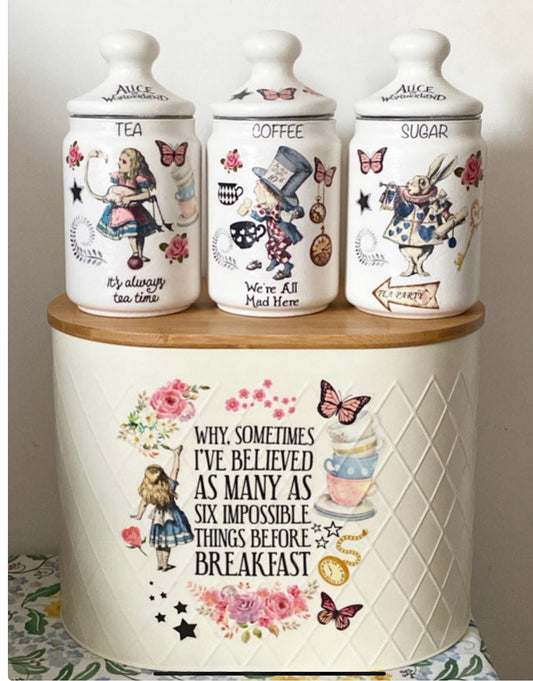 Alice In Wonderland Mad Hatters Tea party Coffee Sugar Kilner jars and matching bread bin set