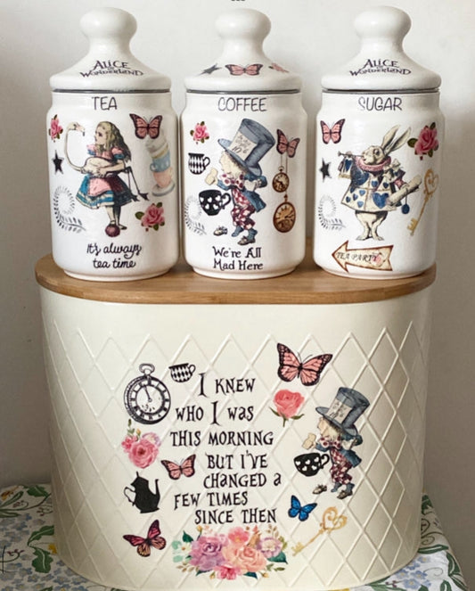 Alice In Wonderland Mad Hatters Tea party Coffee Sugar Kilner jars and matching bread bin set