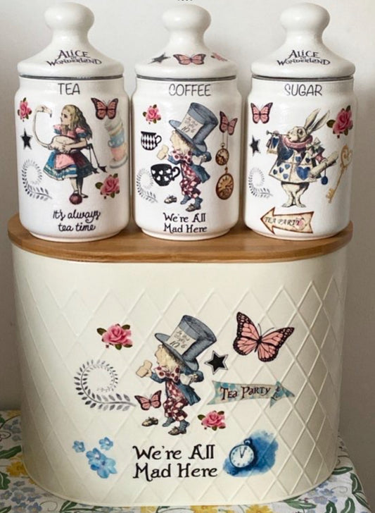 Alice In Wonderland Mad Hatters Tea party Coffee Sugar Kilner Canisters Jars and matching bread bin set