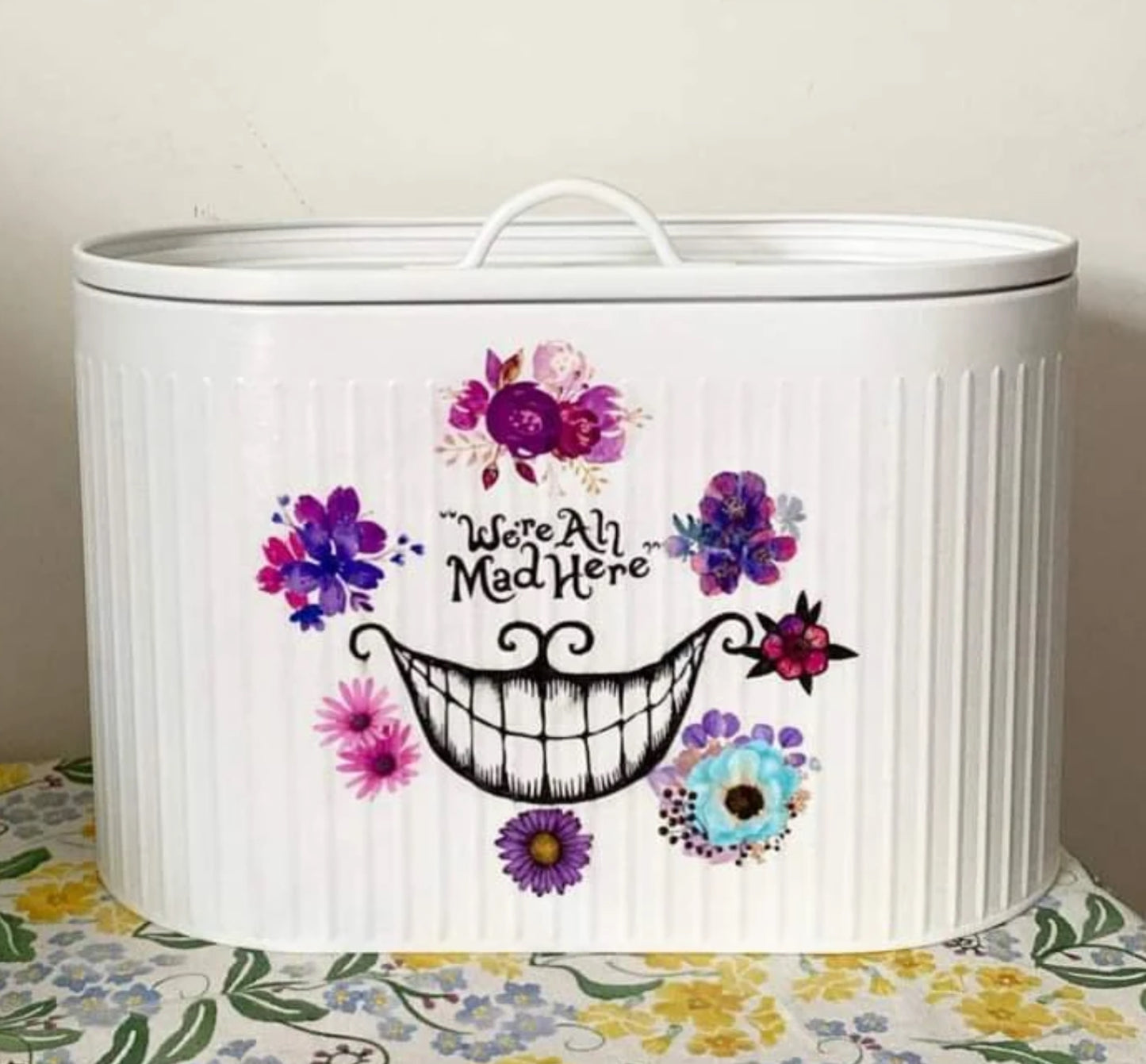 Alice in wonderland purple Cheshire Cat smile whimsical bread bin