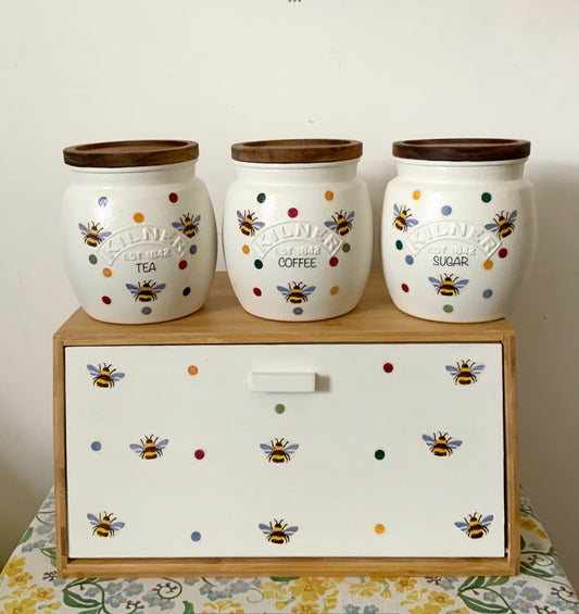 Emma Bridgewater inspired Polka dot bee wooden bread bin and kilner tea coffee sugar jar set