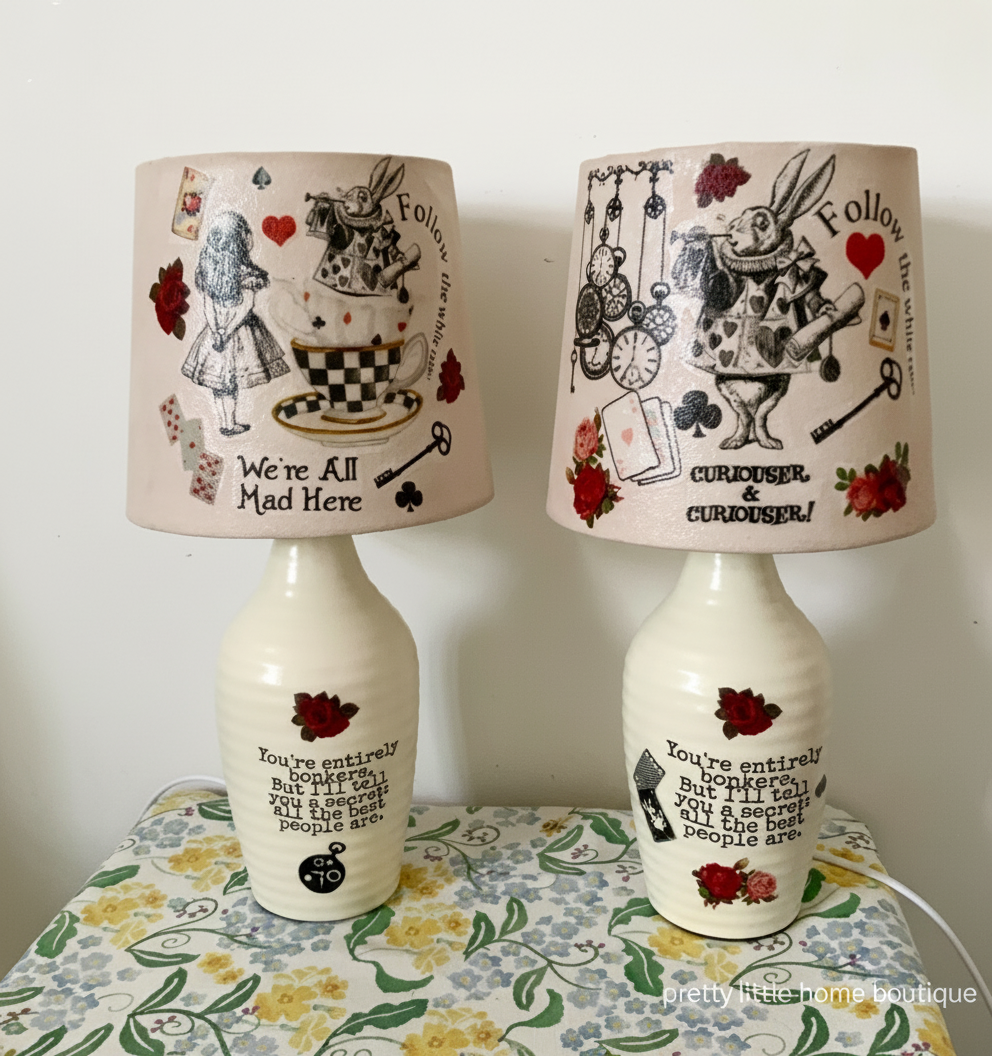Alice in wonderland white rabbit vintage inspired floral lamp