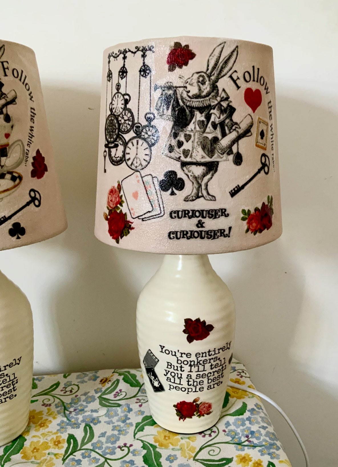 Alice in wonderland white rabbit vintage inspired floral lamp