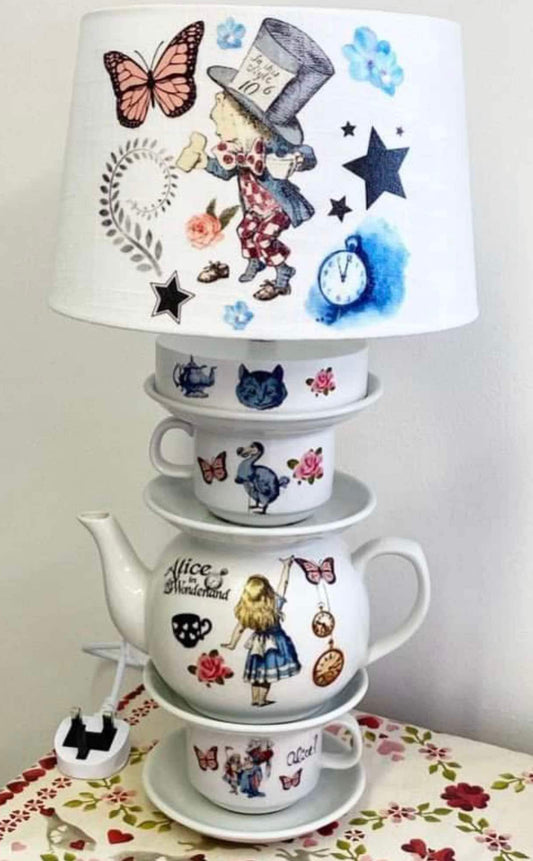 Alice in wonderland mad hatters tea party vintage inspired teacup teapot lamp