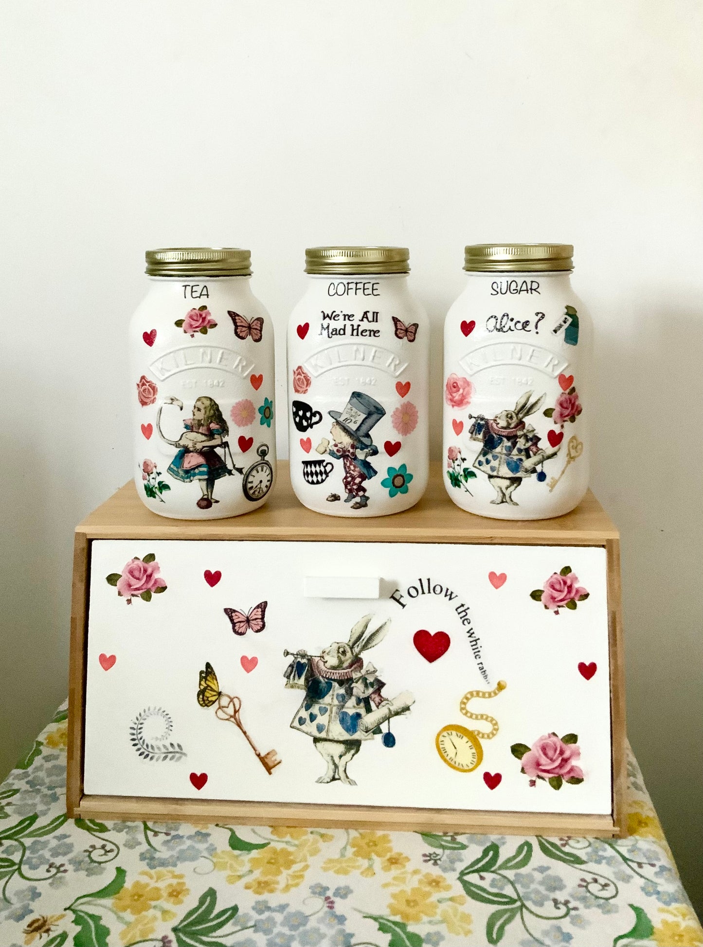Alice In Wonderland Mad Hatters Tea Coffee Sugar Kilner Canisters Jars and matching bread set