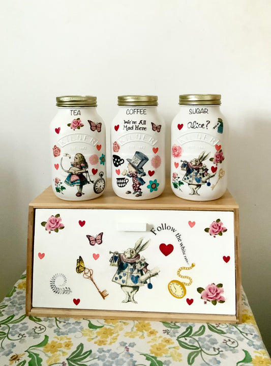 Alice In Wonderland Mad Hatters Tea Coffee Sugar Kilner Canisters Jars and matching bread set