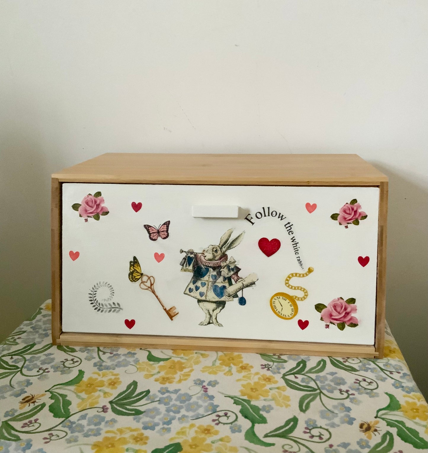 Alice in wonderland white rabbit wooden bread bin