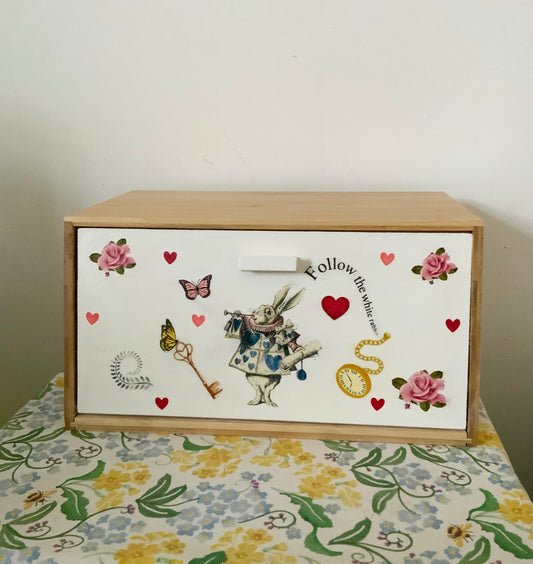 Alice in wonderland white rabbit wooden bread bin