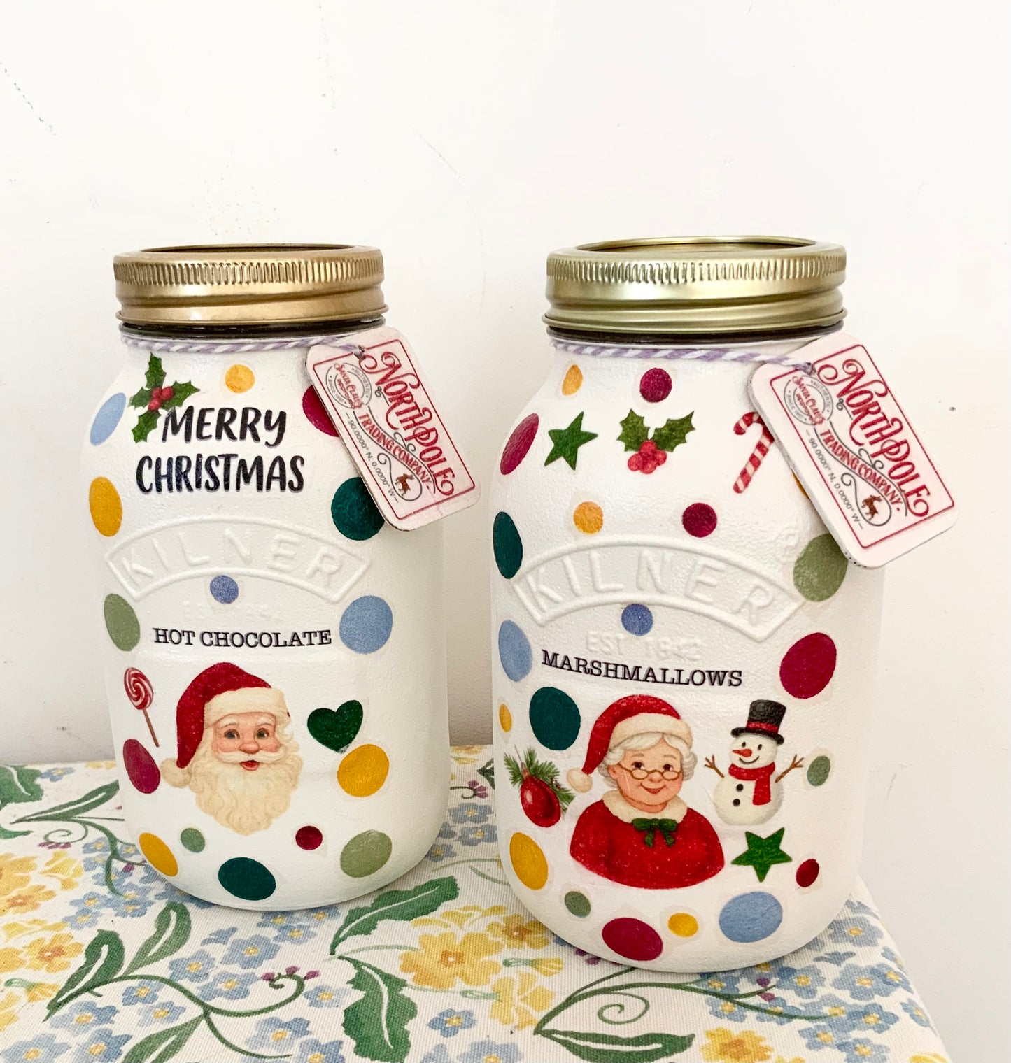 Emma Bridgewater inspired Mr & Mrs Claus polka dot hot chocolate and marshmallow kilner jar set