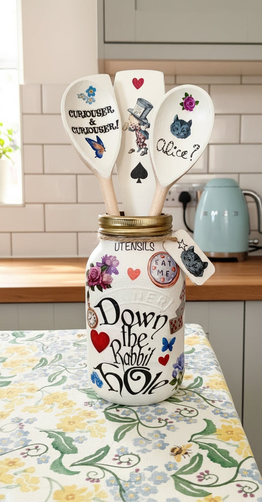 Alice in wonderland hearts down the rabbit hole  kilner utensils jar