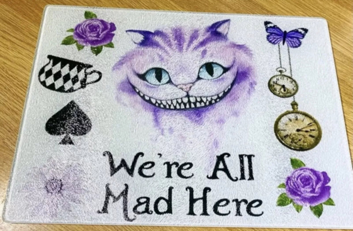 Alice in wonderland Purple Cheshire Cat whimsical chopping board