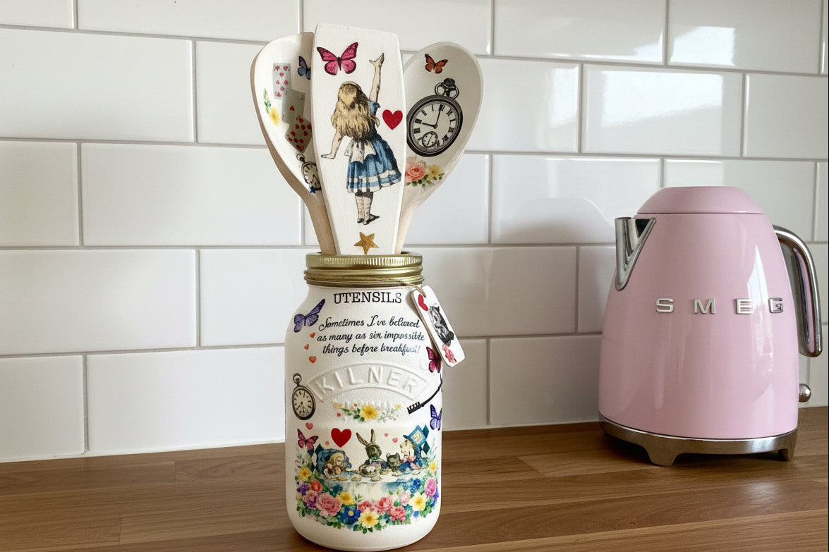 Alice in wonderland six impossible things before breakfast floral kilner utensils jar