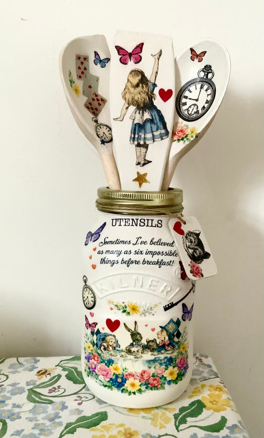 Alice in wonderland six impossible things before breakfast floral kilner utensils jar