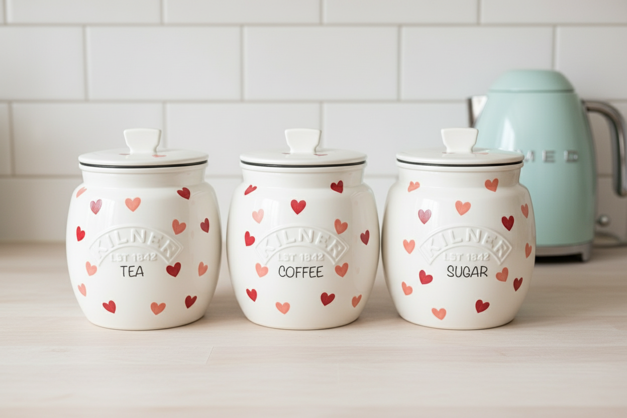 Pink hearts Emma bridgewater inspired kilner tea coffee sugar kilner jars