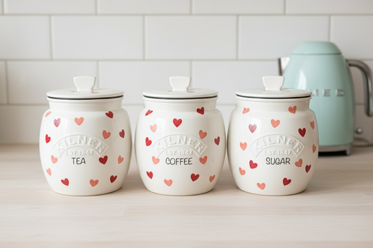 Pink hearts Emma bridgewater inspired kilner tea coffee sugar kilner jars