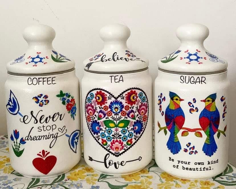 Never stop dreaming bird heart eclectic print tea coffee sugar jars