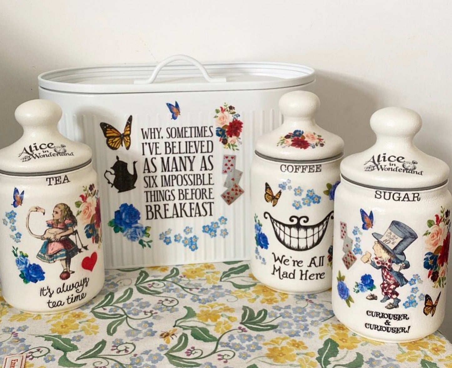 Alice In Wonderland Mad Hatters Tea Coffee Sugar Kilner Canisters Jars and matching bread bin set