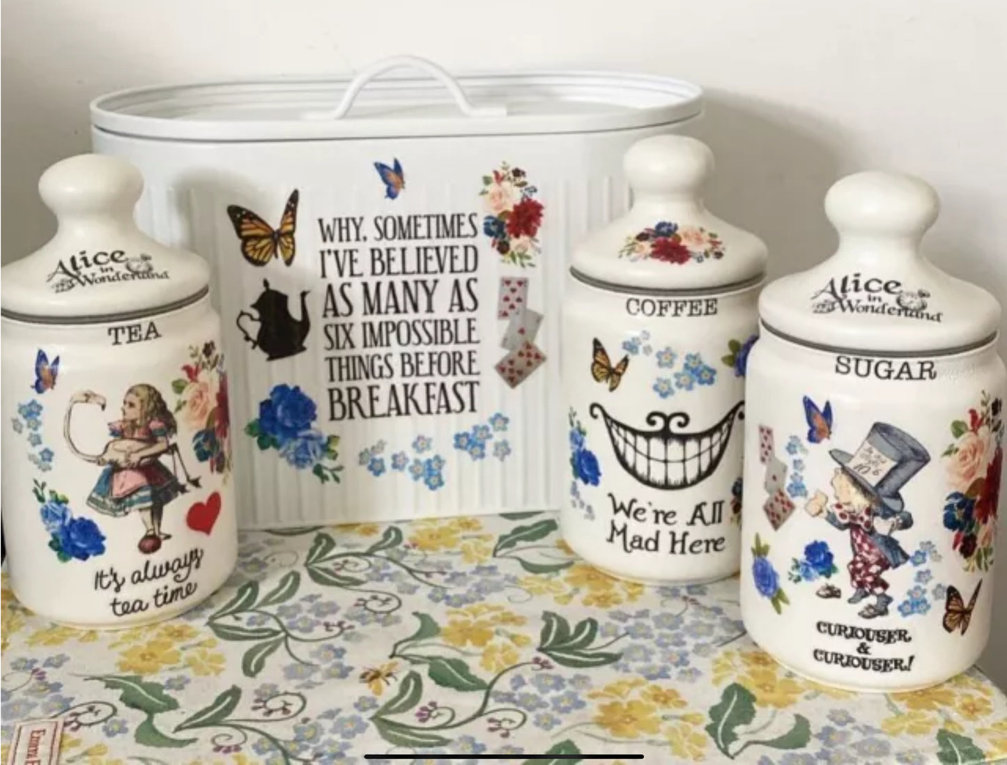 Alice In Wonderland Mad Hatters Tea Coffee Sugar Kilner Canisters Jars and matching bread bin set