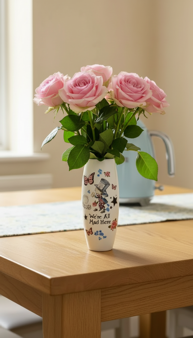Alice in wonderland mad hatters tea party floral flower vase