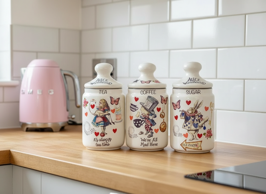 Alice In Wonderland Mad Hatters Tea party Coffee Sugar Kilner Canisters Jars