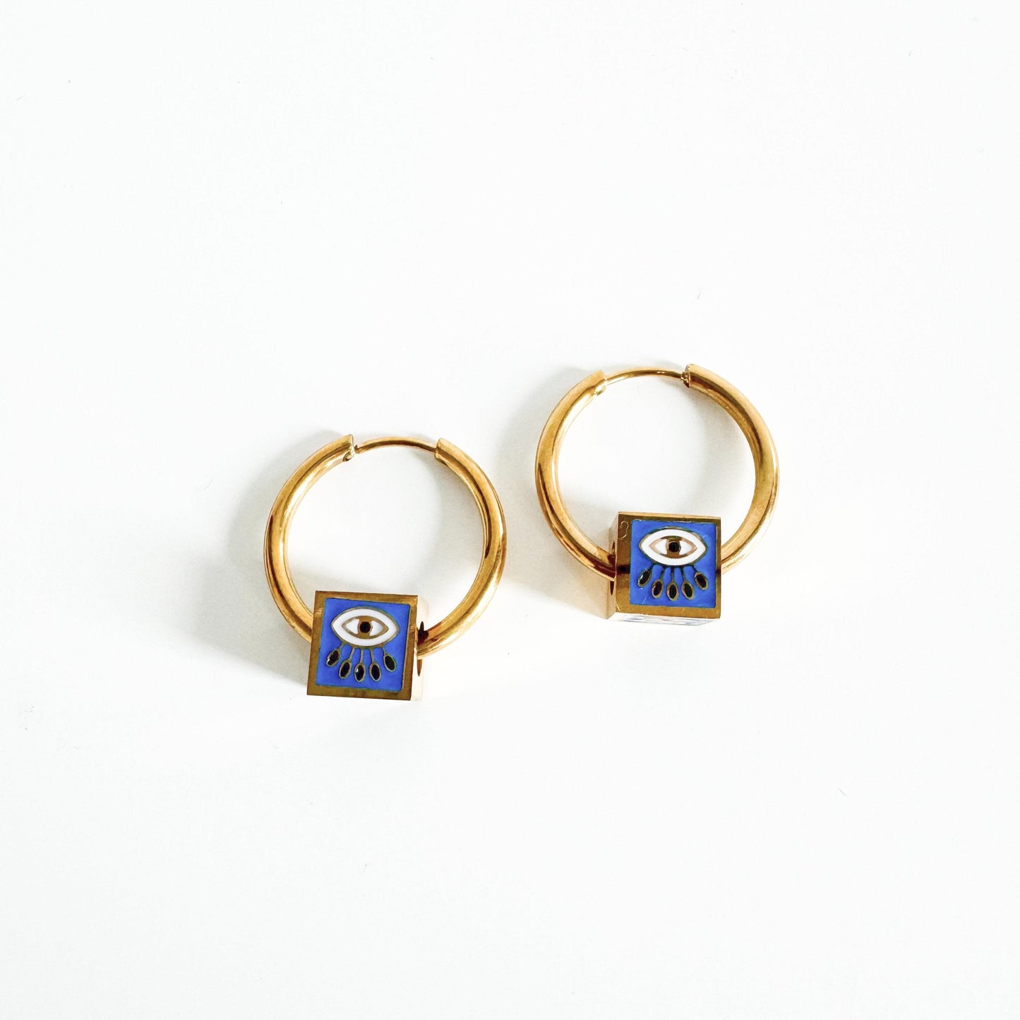 Jameela Luxe 18k Gold Plated Cobalt Evil Eye Charm Hoop Earrings