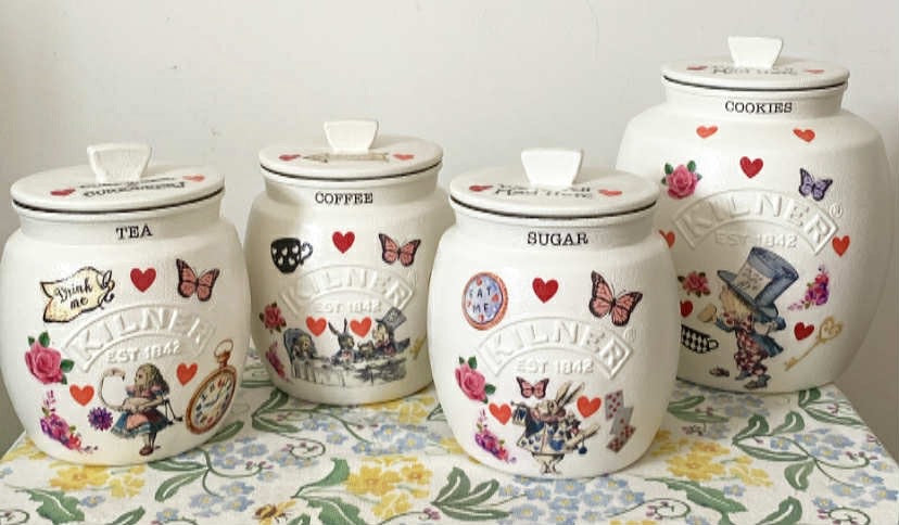 Alice In Wonderland Mad Hatters Tea Coffee Sugar Kilner Canisters Jars and matching cookie jar (Copy)