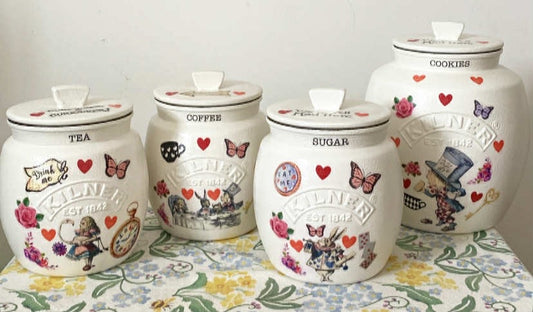 Alice In Wonderland Mad Hatters Tea Coffee Sugar Kilner Canisters Jars and matching cookie jar (Copy)