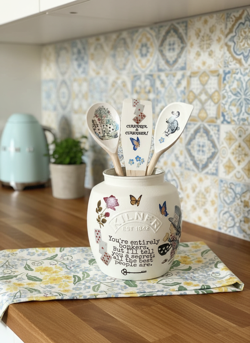 Alice in wonderland mad hatters tea party bonkers utensils jar