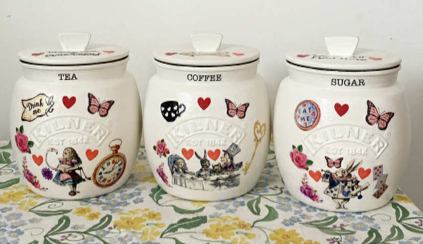 Alice In Wonderland Mad Hatters Tea Coffee Sugar Kilner Canisters Jars and matching cookie jar (Copy)