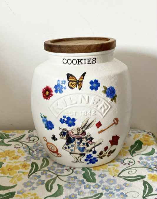 Alice in wonderland and the white rabbit floral  tea party kilner cookie jar