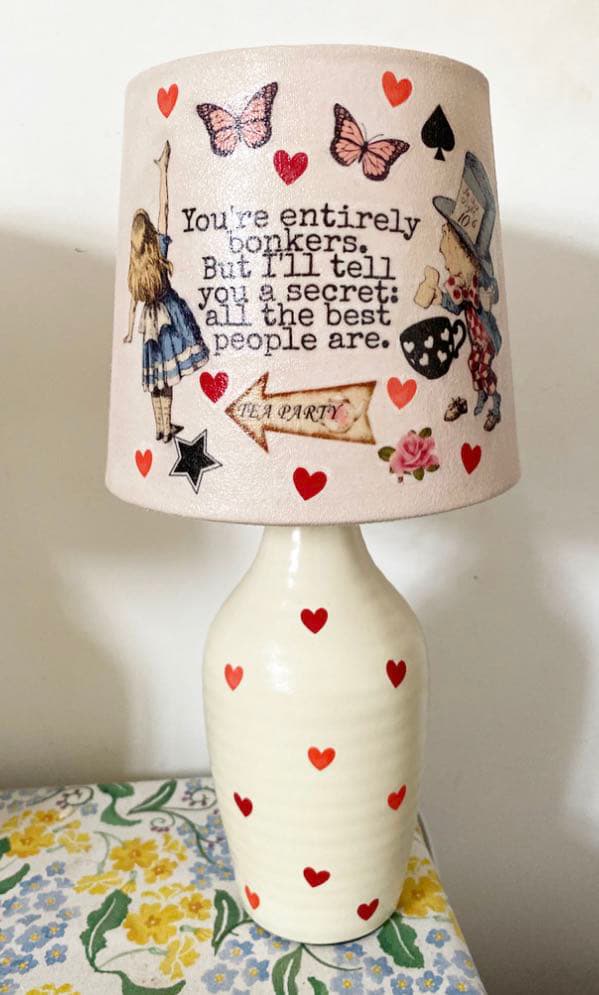 Alice in wonderland bonkers mad hatters tea party hearts vintage inspired floral lamp
