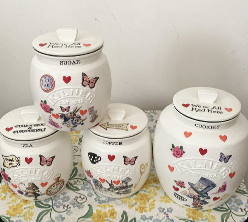 Alice In Wonderland Mad Hatters Tea Coffee Sugar Kilner Canisters Jars and matching cookie jar (Copy)