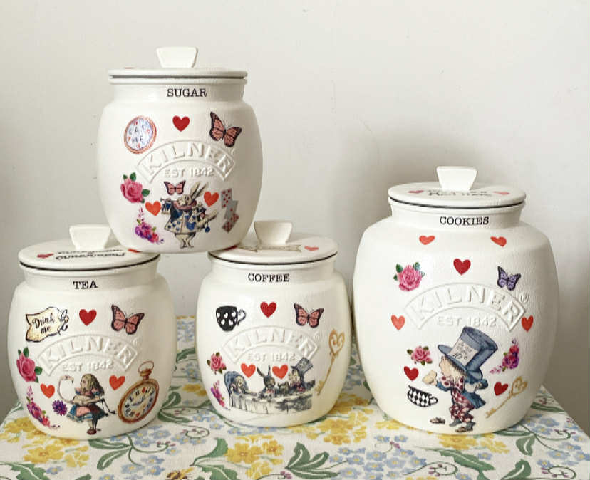 Alice In Wonderland Mad Hatters Tea Coffee Sugar Kilner Canisters Jars and matching cookie jar (Copy)