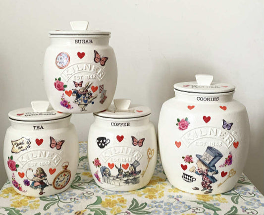 Alice In Wonderland Mad Hatters Tea Coffee Sugar Kilner Canisters Jars and matching cookie jar