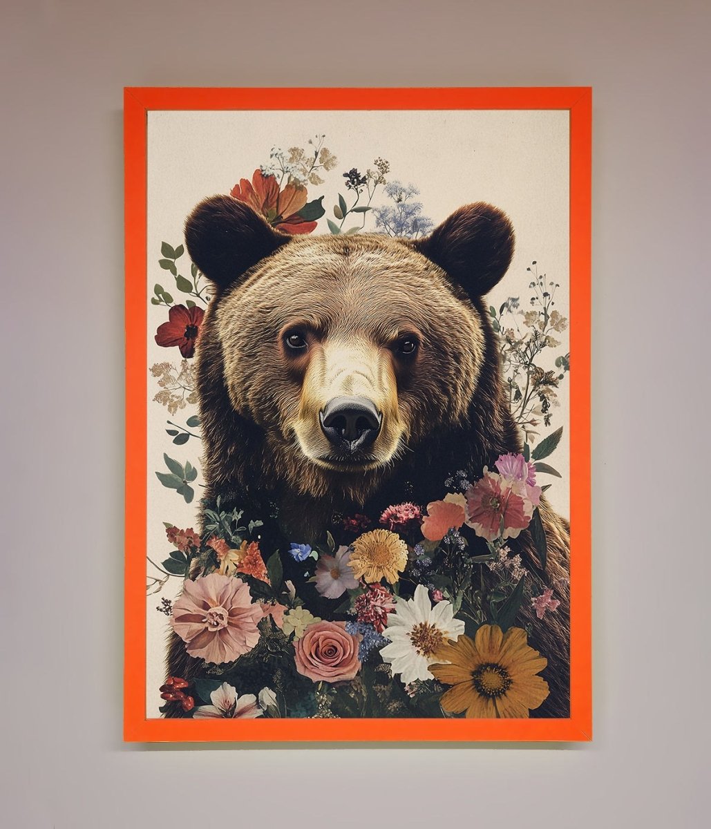 Brown Grizzly Bear Floral Framed Print