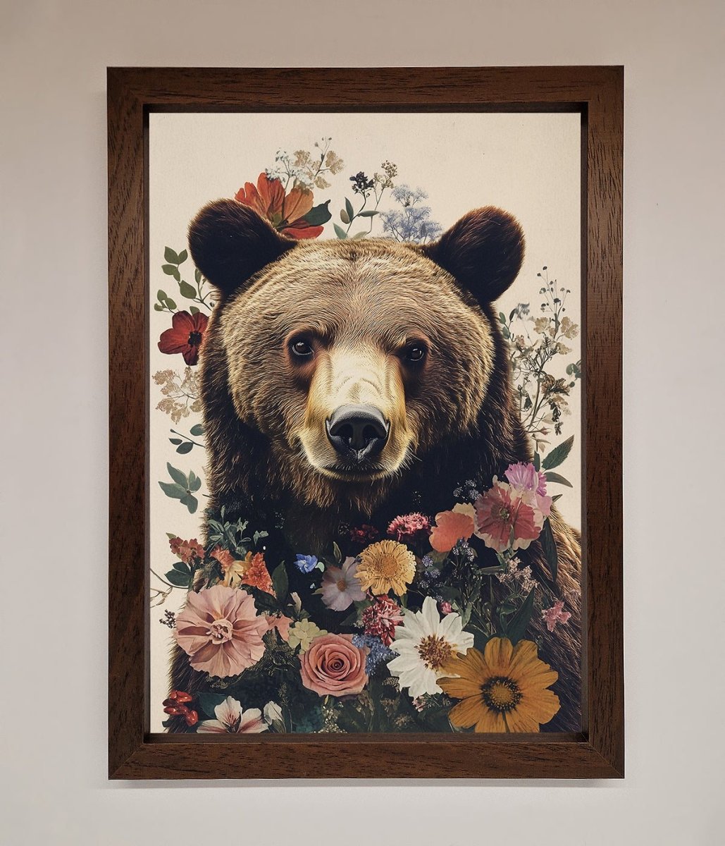 Brown Grizzly Bear Floral Framed Print