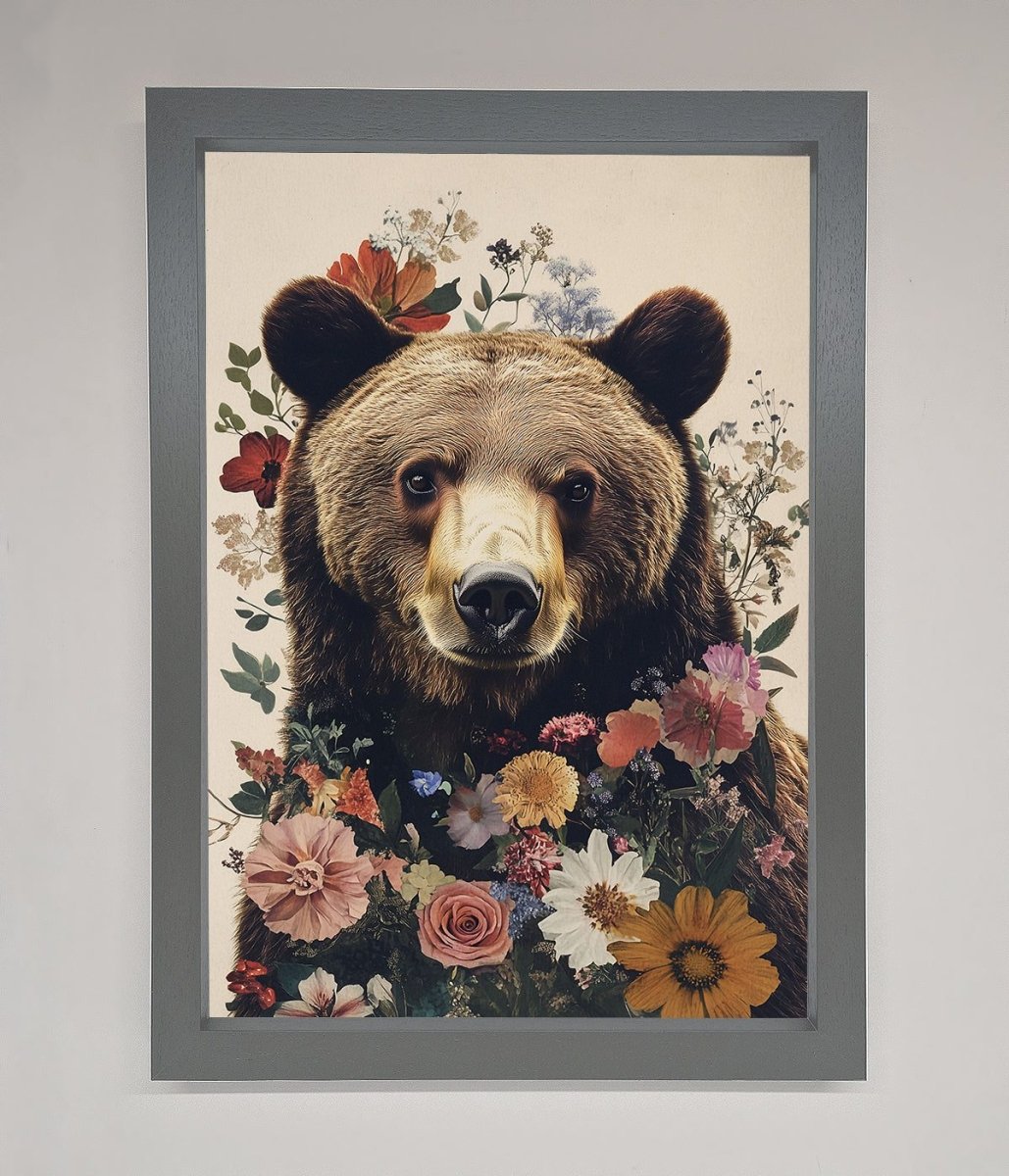 Brown Grizzly Bear Floral Framed Print