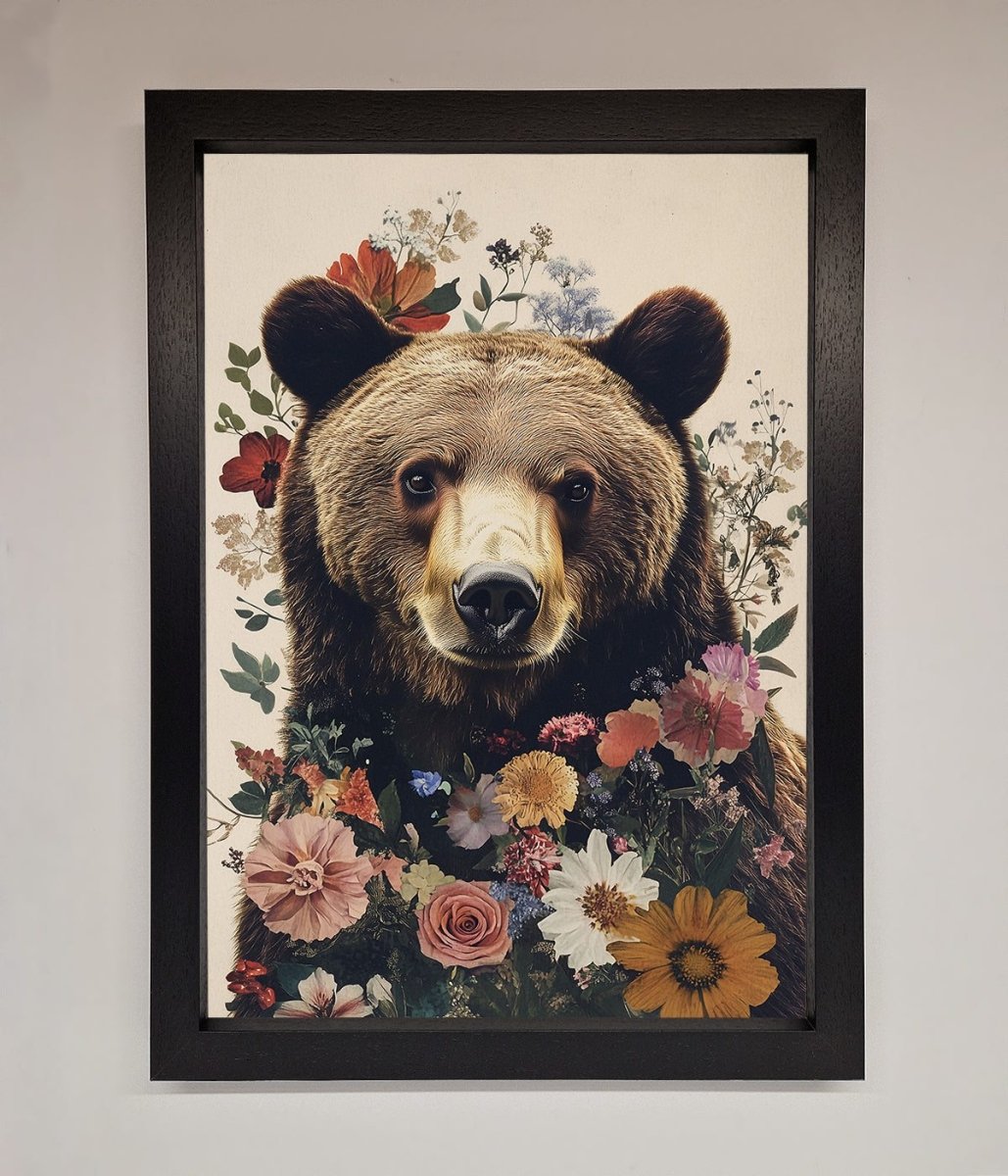 Brown Grizzly Bear Floral Framed Print
