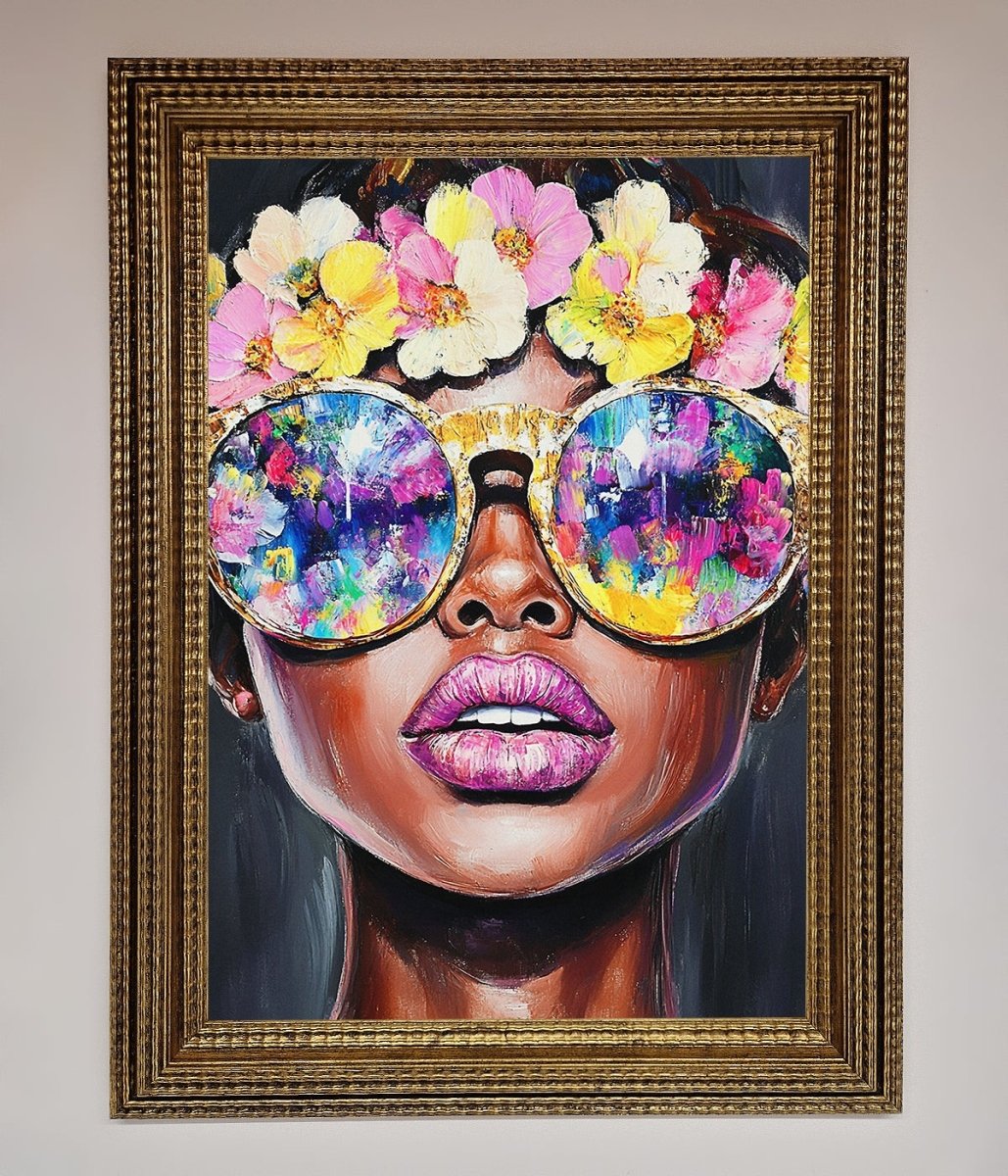Floral Woman With Glasses and Pink Lips Framed Print